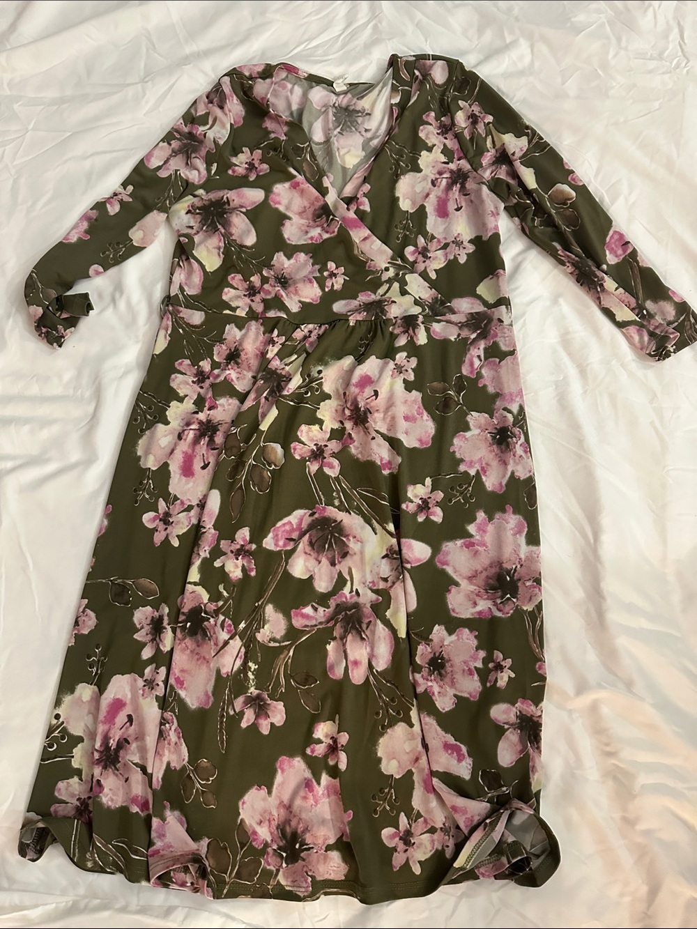 Maternity Floral Wrap Midi Dress - Olive with Pink Blooms